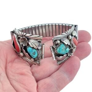 Vintage Southwest Sterling Silver 925 Turquoise Coral Watch Tips 6"